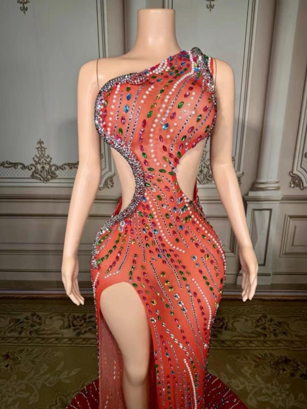 One-Shoulder Pearl & Multicolor Crystal Cutout Gown- Multiple colors